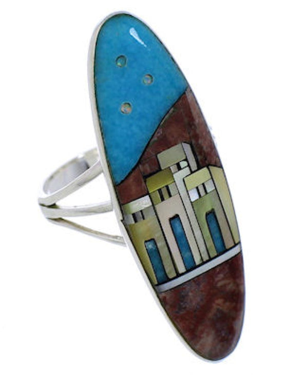 Silver Multicolor Pueblo Design Ring Size 7-1/4 UX36545